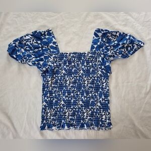Japna BlueWhite Floral Smocked Boho Pullover Top Cap Sleeve Size S Spring Summer